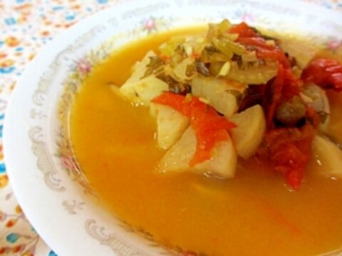 カレー風味のトマト蒸し煮スープ(大根セロリしめじ)